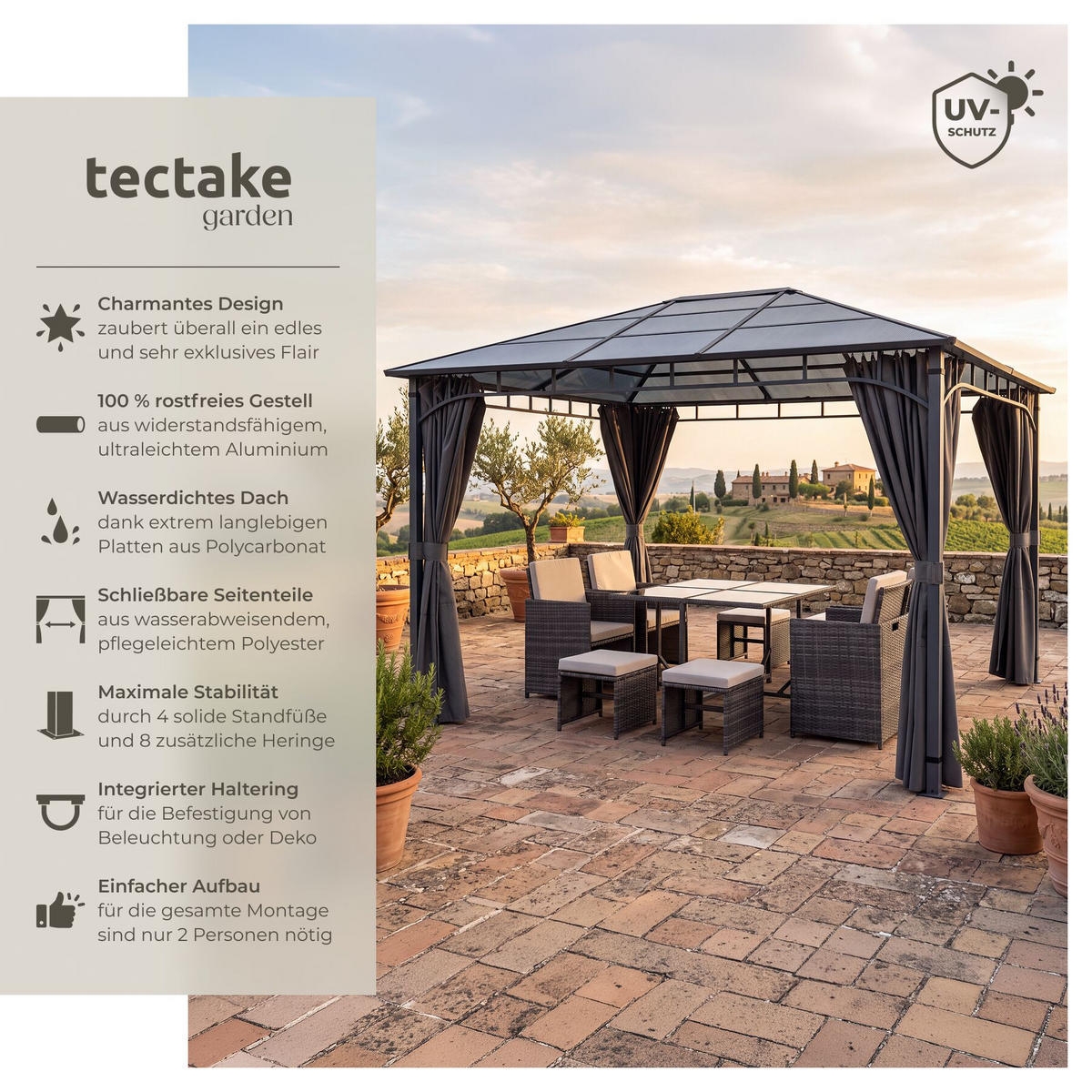 GARTENPAVILLON Caracas, inklusive 8 Heringen, grau - Grau, Metall (300/263/400cm) - tectake
