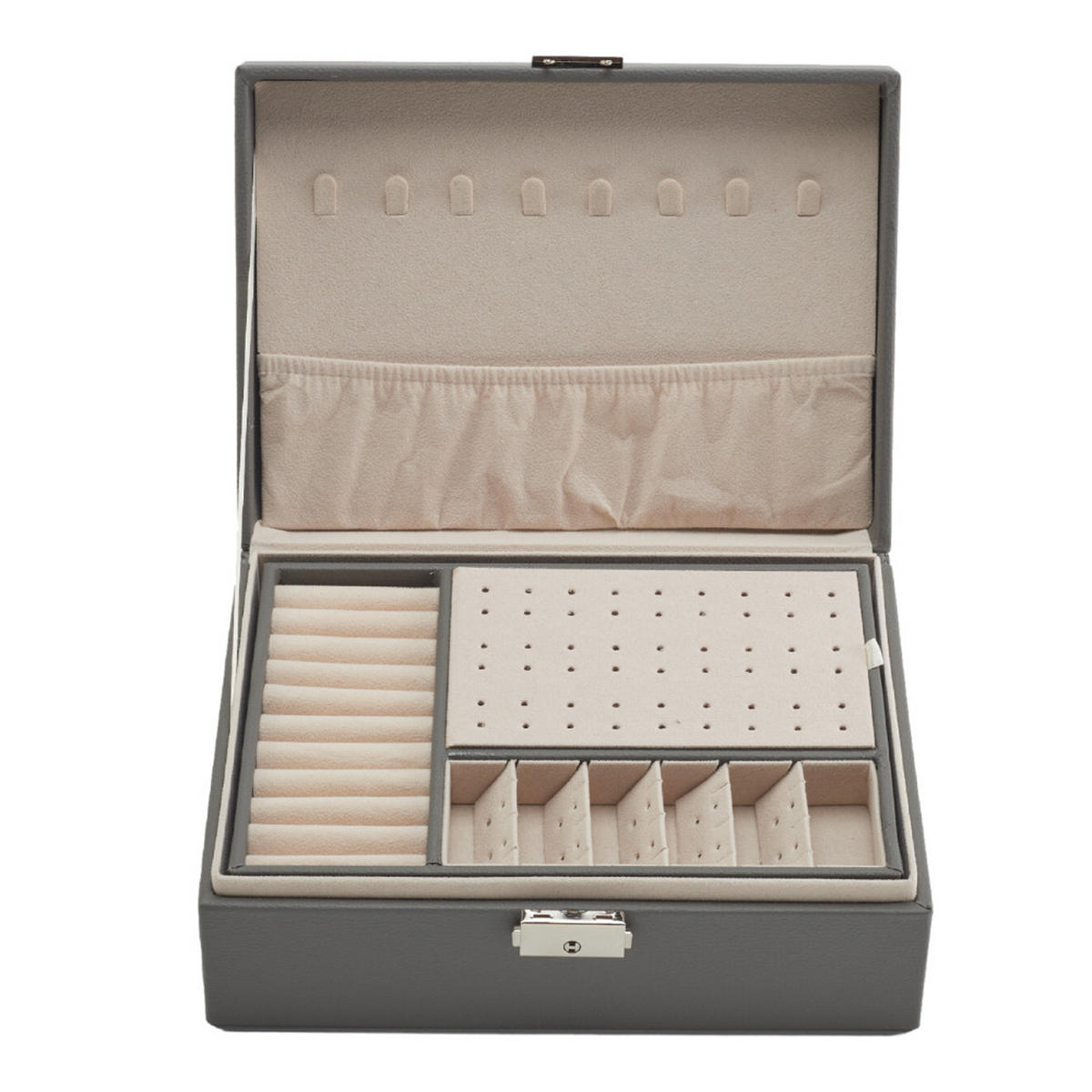 SCHMUCKKÄSTCHEN 23/17/9 cm Zweistöckig Schloss PU-Leder Samtfutter Grau - Grau, Leder/Textil (23/9/17cm) - Livingandhome