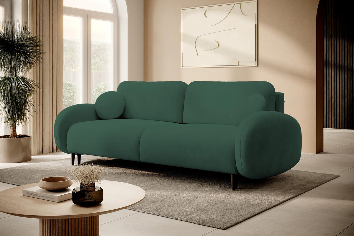 SOFA SOFT RunAgin Mit Schlaffunktion Und Bettkasten, PUR-Schaum, Schwarze Kunststofffüße, lose Rückenkissen, freistehend, 232x109x95 cm Green - Grün, Holz/Textil (232/95/109cm) - DomoHome