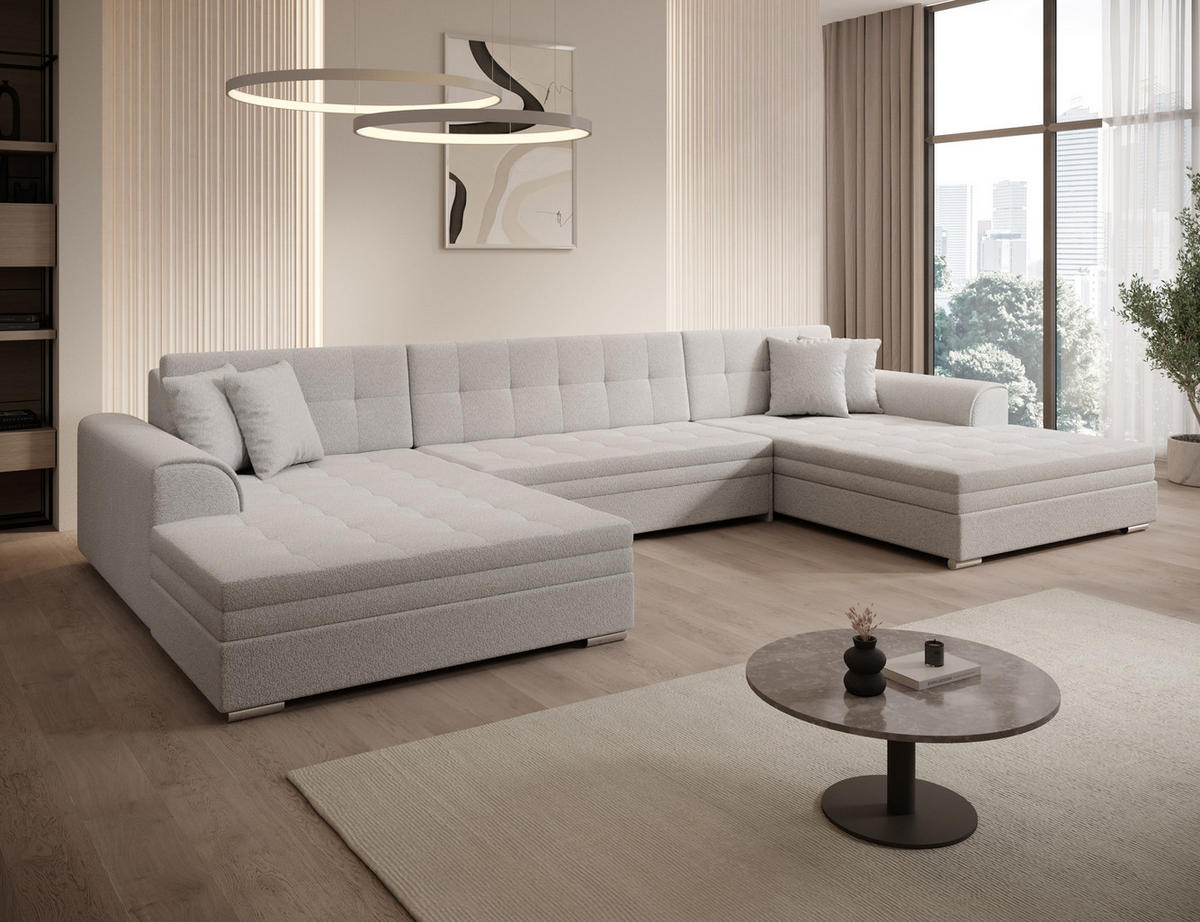 WOHNLANDSCHAFT VENTO U-Form – Großzügiges Ecksofa mit Schlaffunktion & Kissen 359 cm - Weiß, Kunststoff (359/165cm) - Wohnideebilder