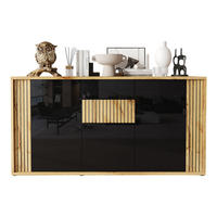SIDEBOARD Schwarz Hochglanz & Holzton 3 Türen Wellenmuster - Naturfarben, Holzwerkstoff (140/71/35cm) - Urban Meuble