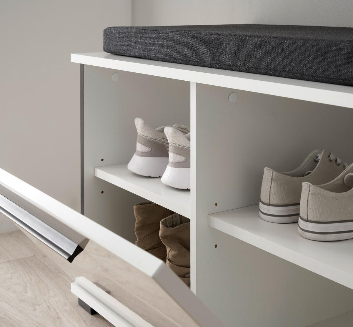 GARDEROBEN-SET weiß Hochglanz 5-teilig 230 cm, Flurgarderobe mit viel Stauraum - Weiß Hochglanz/Dunkelgrau, Glas/Holzwerkstoff (230/230/40cm) - Furn.Design