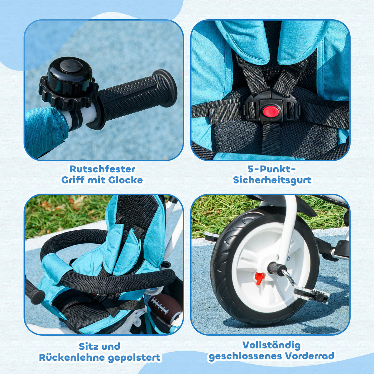 6-IN-1 Dreirad mit Schubstange, Kinderdreirad mit abnehmbarem Sonnendach Blau - Blau, Metall (95/50/106cm) - HOMCOM