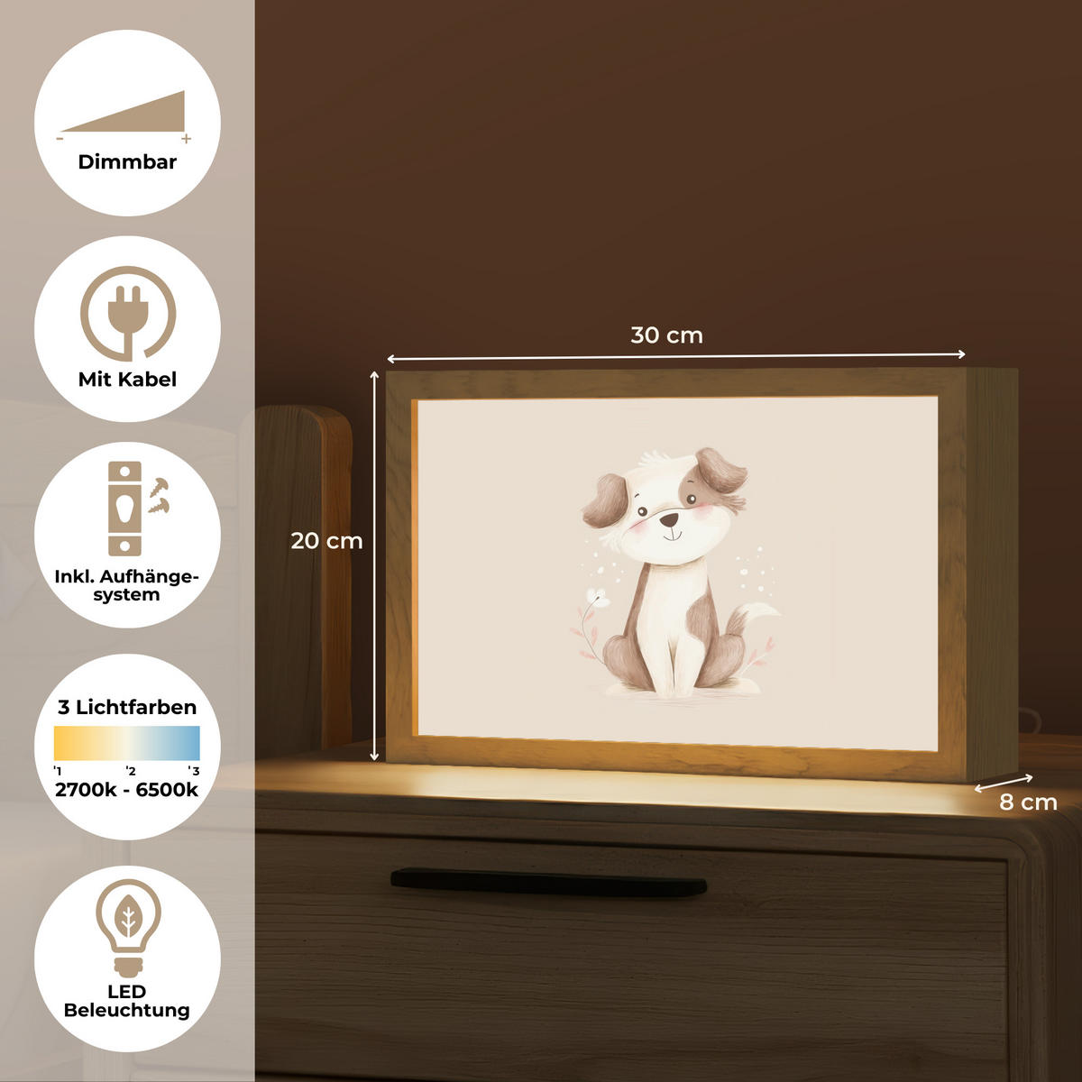 NACHTTISCHLAMPE Hund - Gefleckt - Braun 30x20 cm - Beige, Holzwerkstoff (8/30/20cm)