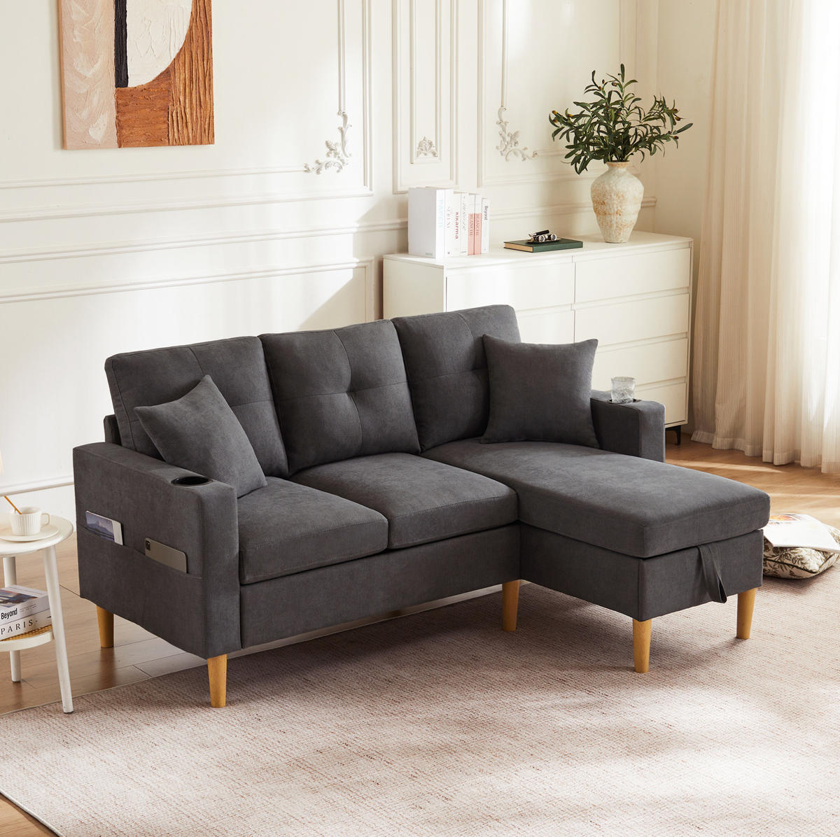 SOFA mit Chaiselongue 175x129 cm Baumwoll-Leinenstoff Dark Gray - Dunkelgrau, Textil (175/129cm) - IVMEU