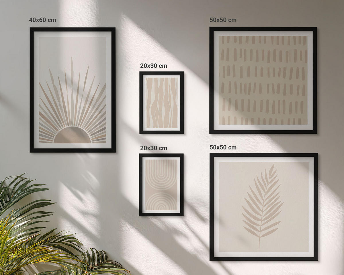 BILDER SET 5er Set - 50x50 cm & 20x30 cm & 40x60 cm Schwarzer Rahmen - Beige Pflanzenmuster - Schwarz, Kunststoff (40/60cm) - TULUP