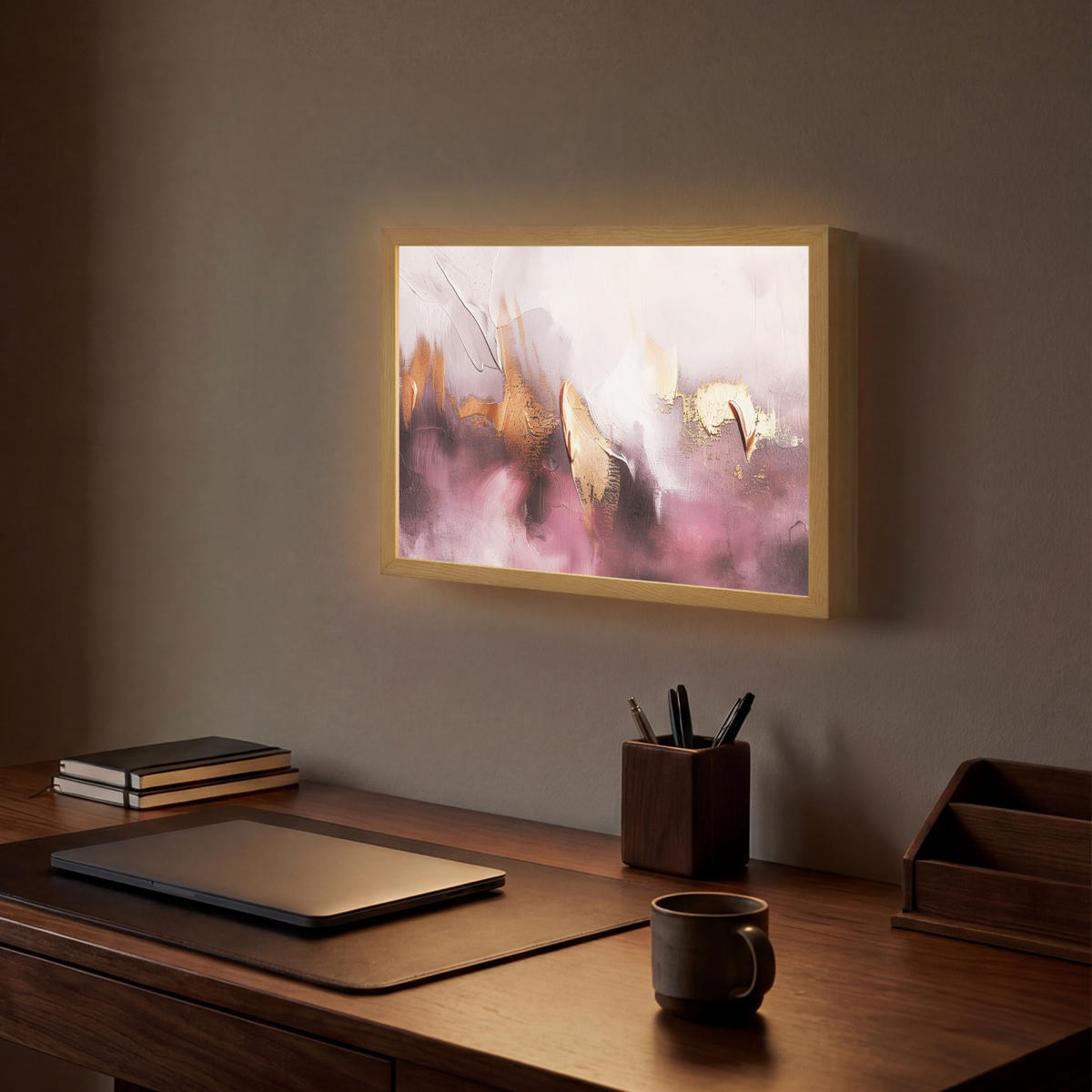 NÁSTĚNNÁ LAMPA S AKUMULÁTOREM Fialová - abstraktní - barva - zlatá 40x30 cm - světle fialová, kompozitní dřevo (40/30/8cm) - OnlyWow