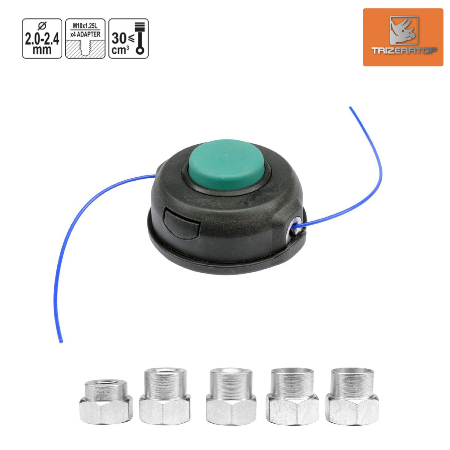 MÄHKOPF Freischneider, Trimmer halbautomatischer Fadenkopf, 2 - 2,4mm inkl. 5 Adapter - Schwarz, Kunststoff (11/6/11cm) - TRIZERATOP