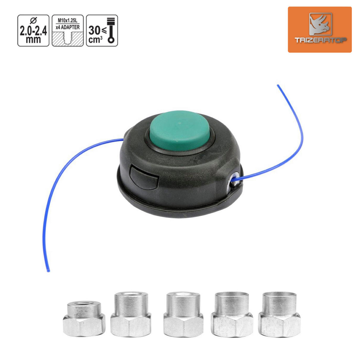 MÄHKOPF Freischneider, Trimmer halbautomatischer Fadenkopf, 2 - 2,4mm inkl. 5 Adapter - Schwarz, Kunststoff (11/6/11cm) - TRIZERATOP