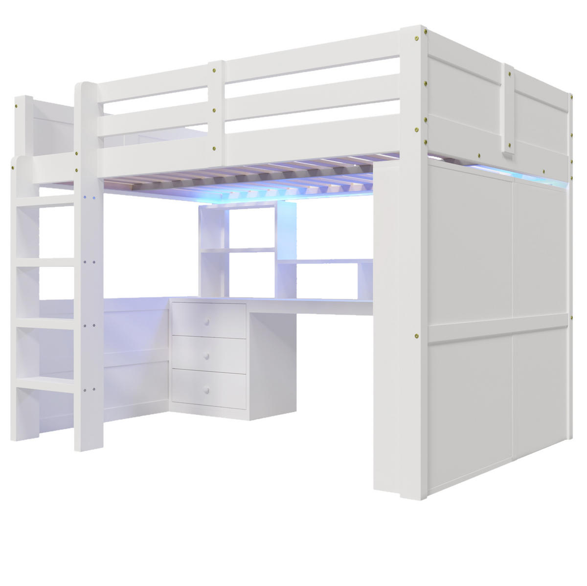 HOCHBETT 140/200 cm in Weiß mit LED-Beleuchtung, Schreibtisch und Kleiderschrank - Weiß, Holzwerkstoff (140/200cm) - Flora Grace