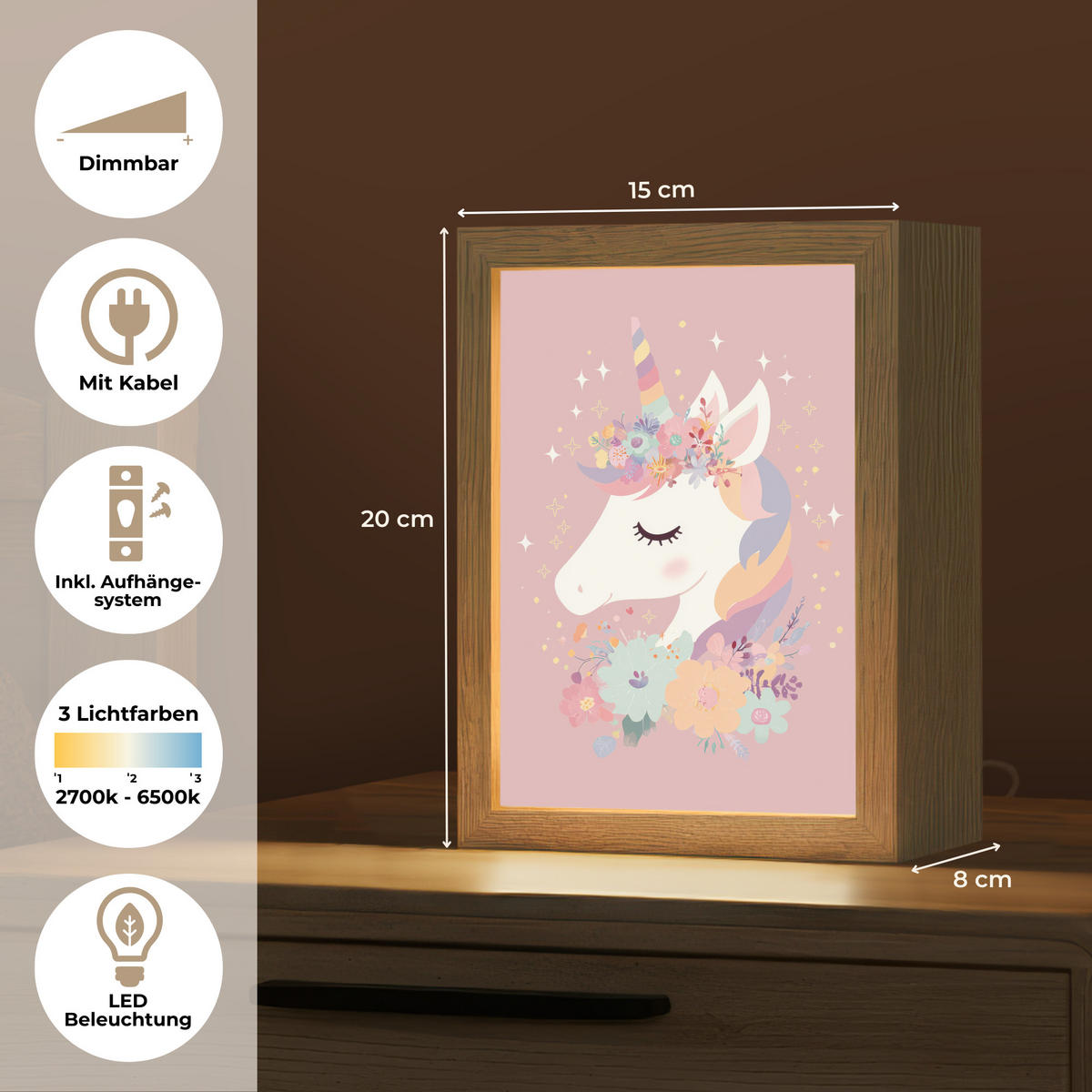 NACHTTISCHLAMPE Einhorn - Rosa - Blumen 15x20 cm - Rosa, Holzwerkstoff (8/15/20cm)