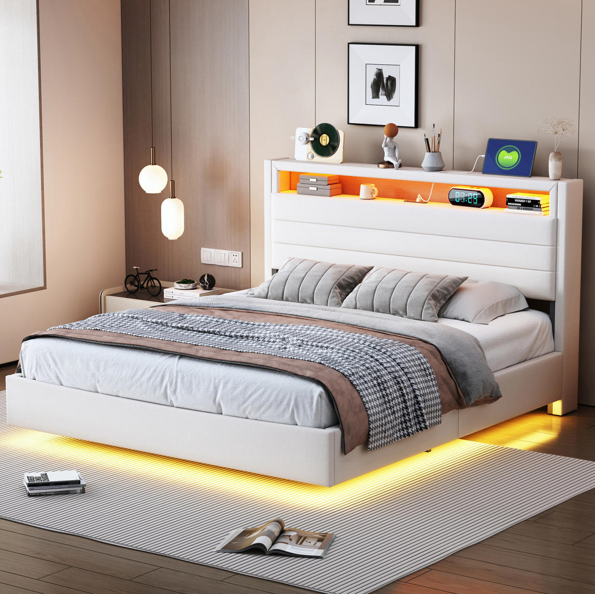 POLSTERBETT aus Leinen 140x200 cm Beige mit LED-Beleuchtung, USB-Anschluss und hydraulischem Stauraum - Beige, Textil (140/200cm) - Modfu