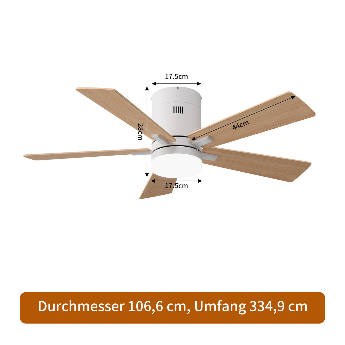 STROPNI ventilator z LED lučko, 106,6 cm, 5 lesenih lopatic, 6 hitrosti in časovnik - naravne barve, kovina (106.6/106.6/28cm) - EuroLiving