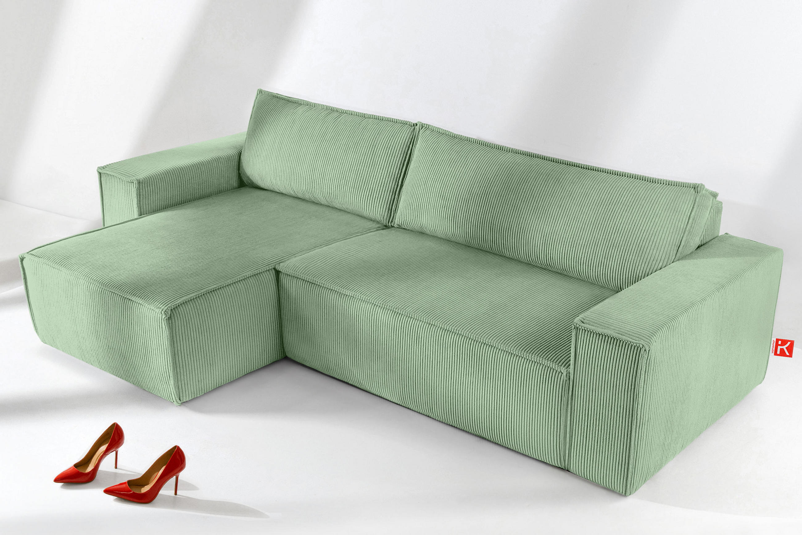 ECKSOFA-LINKS/RECHTS NAPI Schlaffunktion mit Cordbezug, mintfarben - Schwarz/Mintgrün, Textil (262/148cm) - KONSIMO®