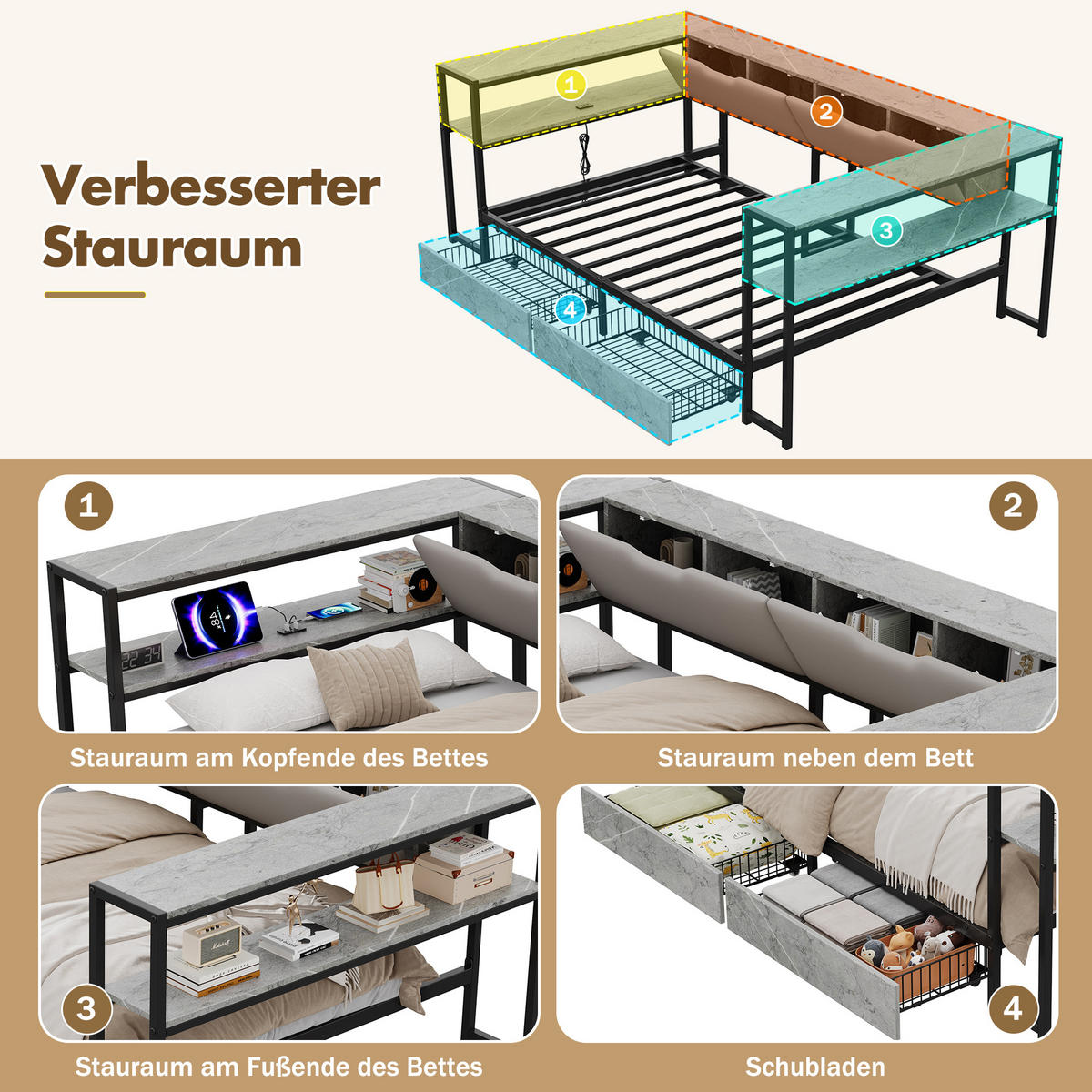 DAYBETT Beton 90x200 USB Type-C Schubladen Stauraum - Grau, Metall (90/200cm) - FLIEKS