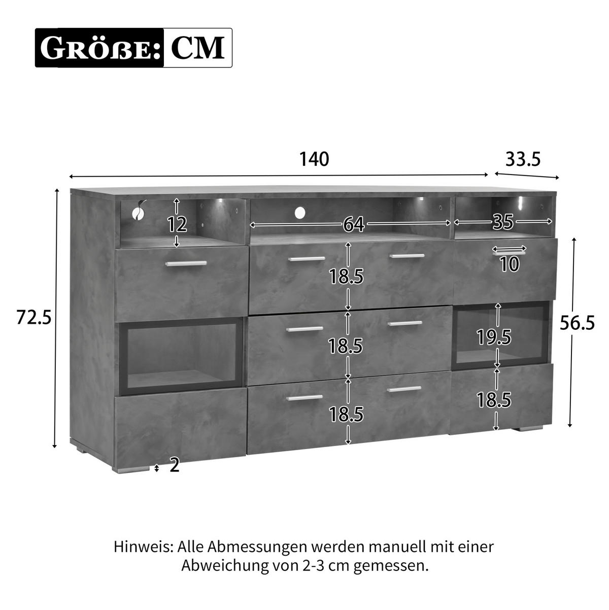 SIDEBOARD aus Spanplatte 140x33,5x72,5 cm Grau mit LED-Beleuchtung, Acryltüren und viel Stauraum - Grau, Holzwerkstoff (140/72.5/33.5cm) - Modfu