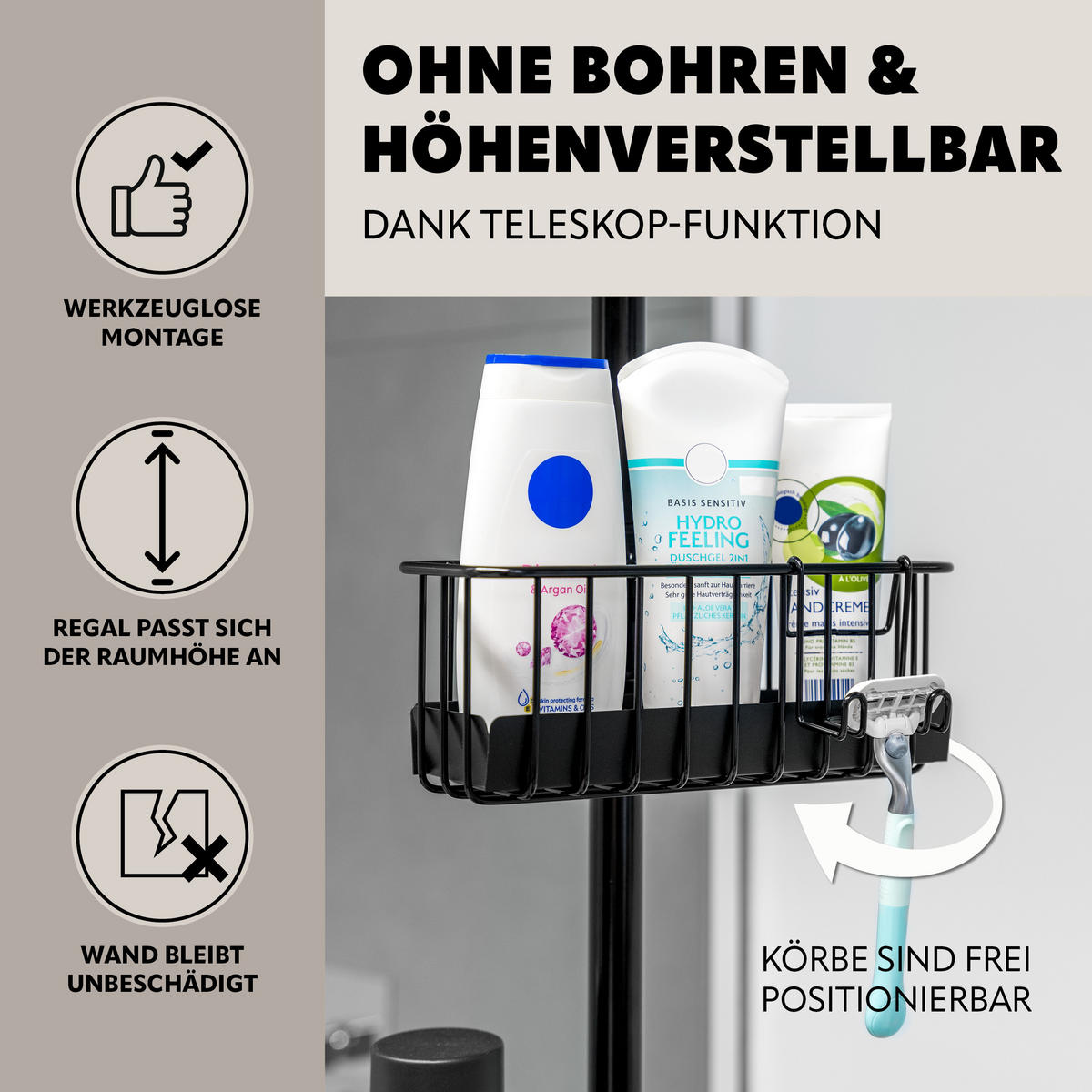 TELESKOP-BADREGAL, ausziehbar bis max. 290 cm, Metall, schwarz - Schwarz, Metall (34.5/290/14cm) - bremermann
