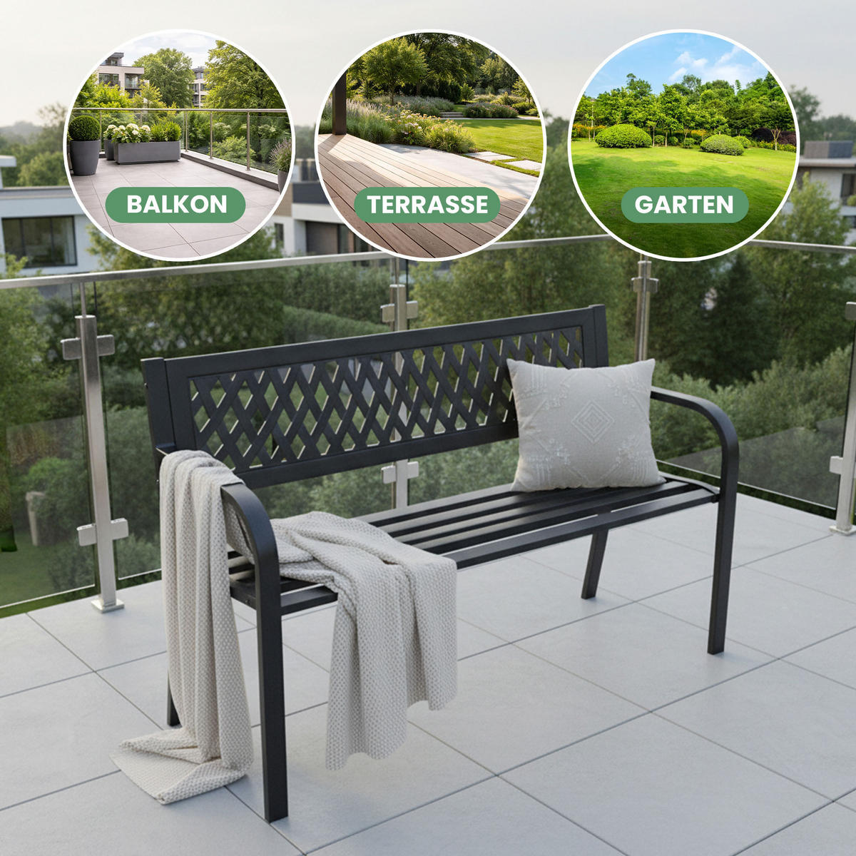 GARTENBANK KALIA Schwarz 119 x 75 x 50 cm - Schwarz, Metall (119/75/50cm) - Akord