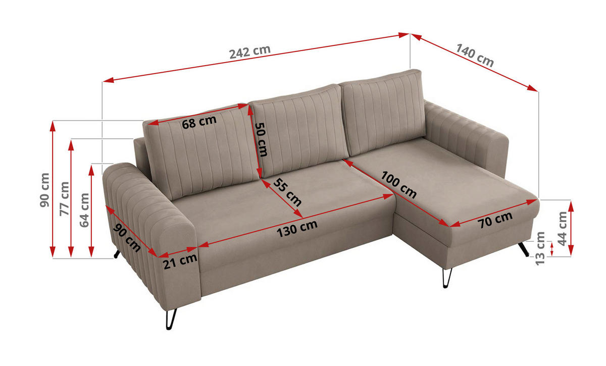 ECKSOFA Axel Samt Beige - Beige/Schwarz, Textil/Metall (242/140cm) - MKS