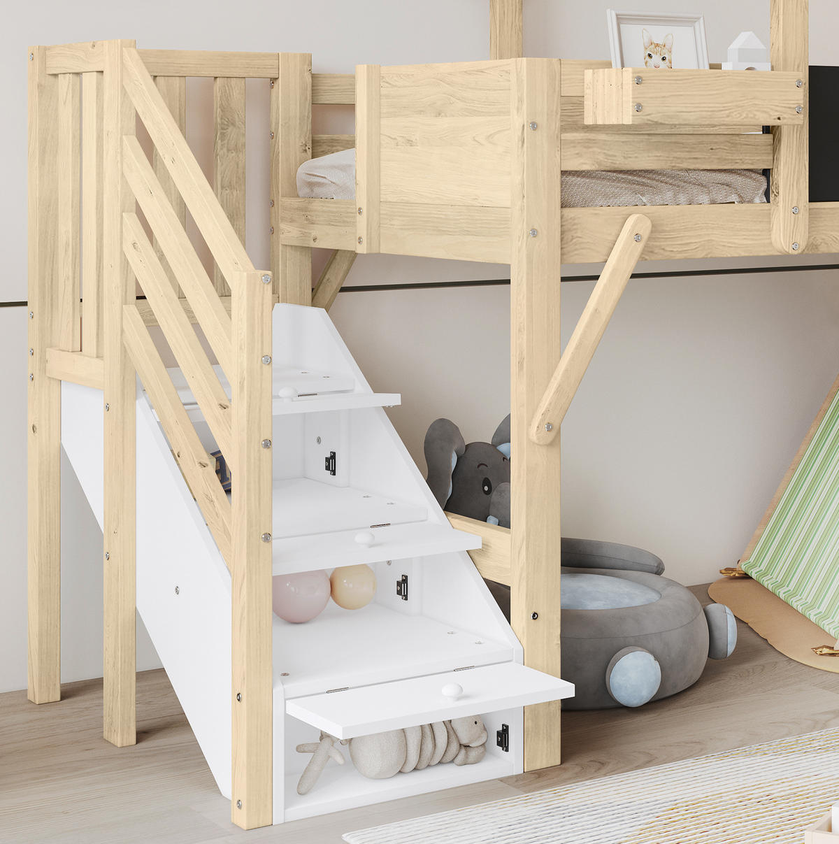 ETAGENBETT aus Holz 90x200 cm Weiß/Natur mit Stauraumtreppe und Kreidetafel - Weiß, Holzwerkstoff (90/200cm) - IVMEU