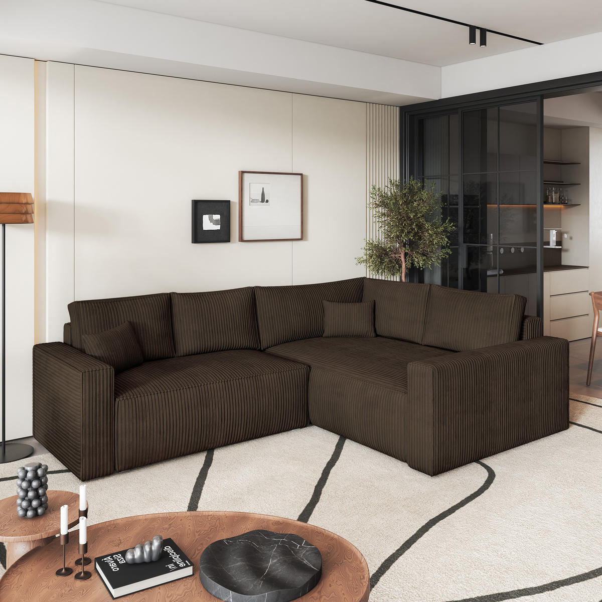 ECKSOFA ERONIS R-S Braun Kordstoff mit Schlaffunktion - Braun, Holz (265/194cm) - MASSENO