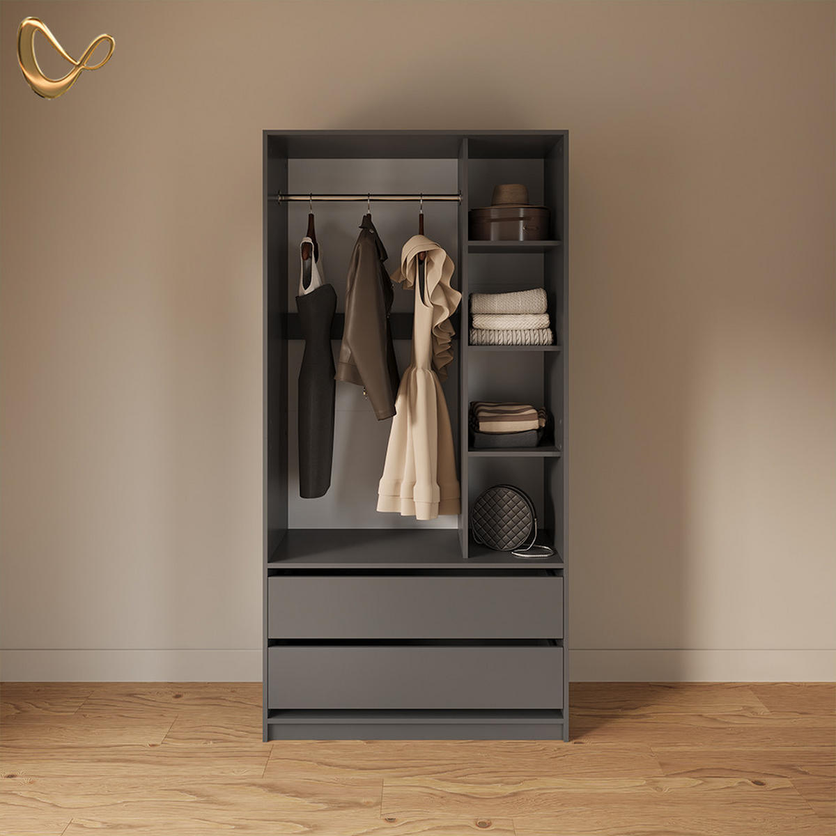 GARDEROBA Trento Antracit z 2 predaloma - antracit, leseni material (100/200/50cm) - Livinity®