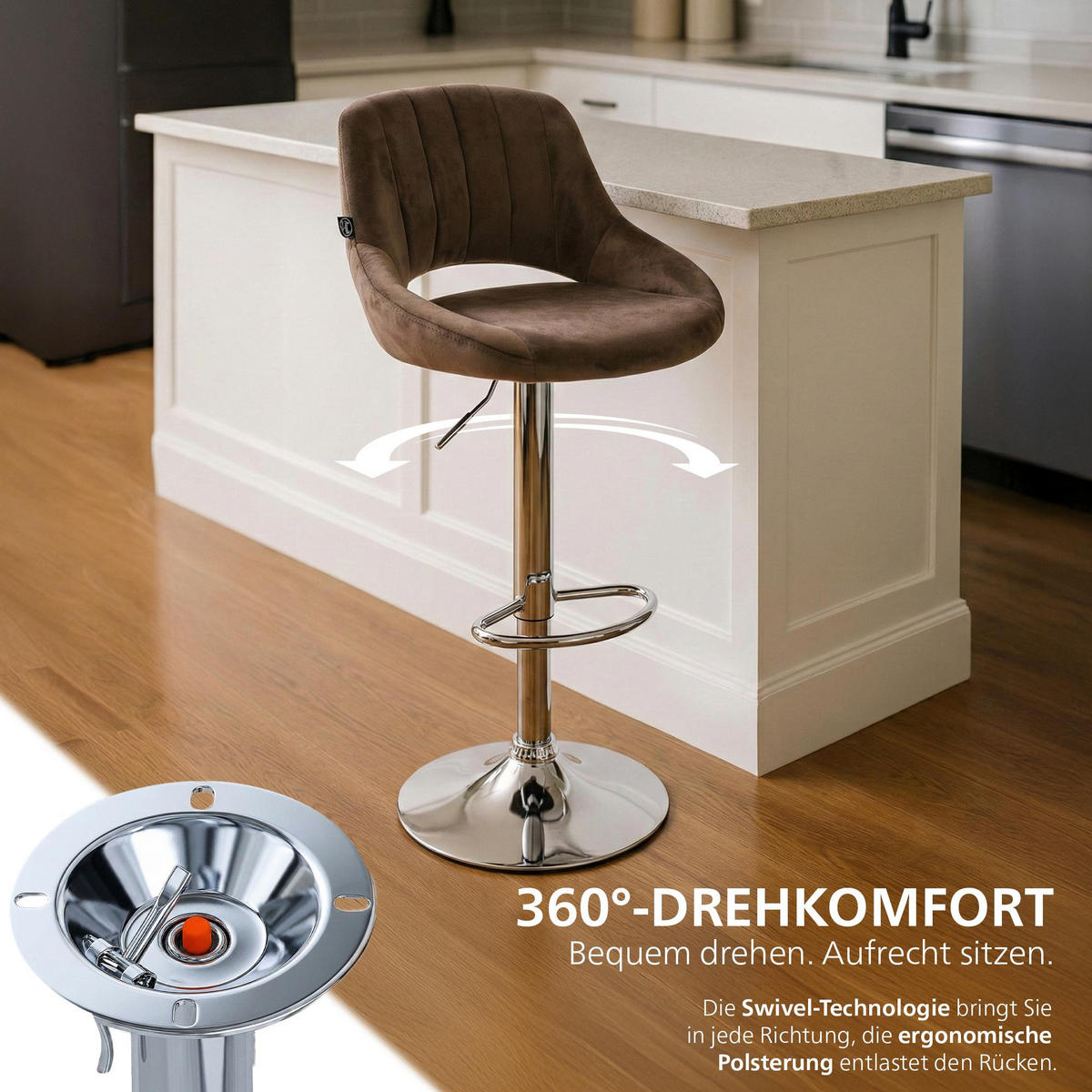 BARHOCKER Samt Braun - Chromfarben/Braun, Textil/Metall (47/85/48cm) - CLP