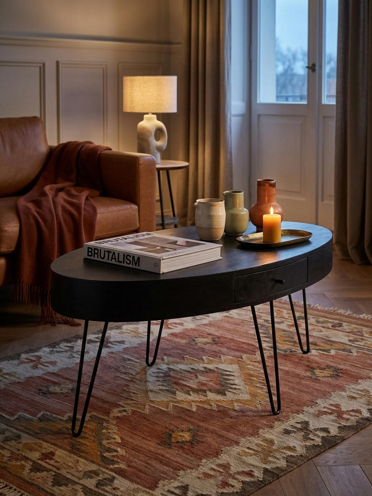 COUCHTISCH in Mango-Massivholz und Metall, 100x50x40 cm, Oval, mit Schublade, Stauraum und Haarnadelbeinen - Schwarz, Holz/Metall (50/100/40cm) - KADIMA DESIGN