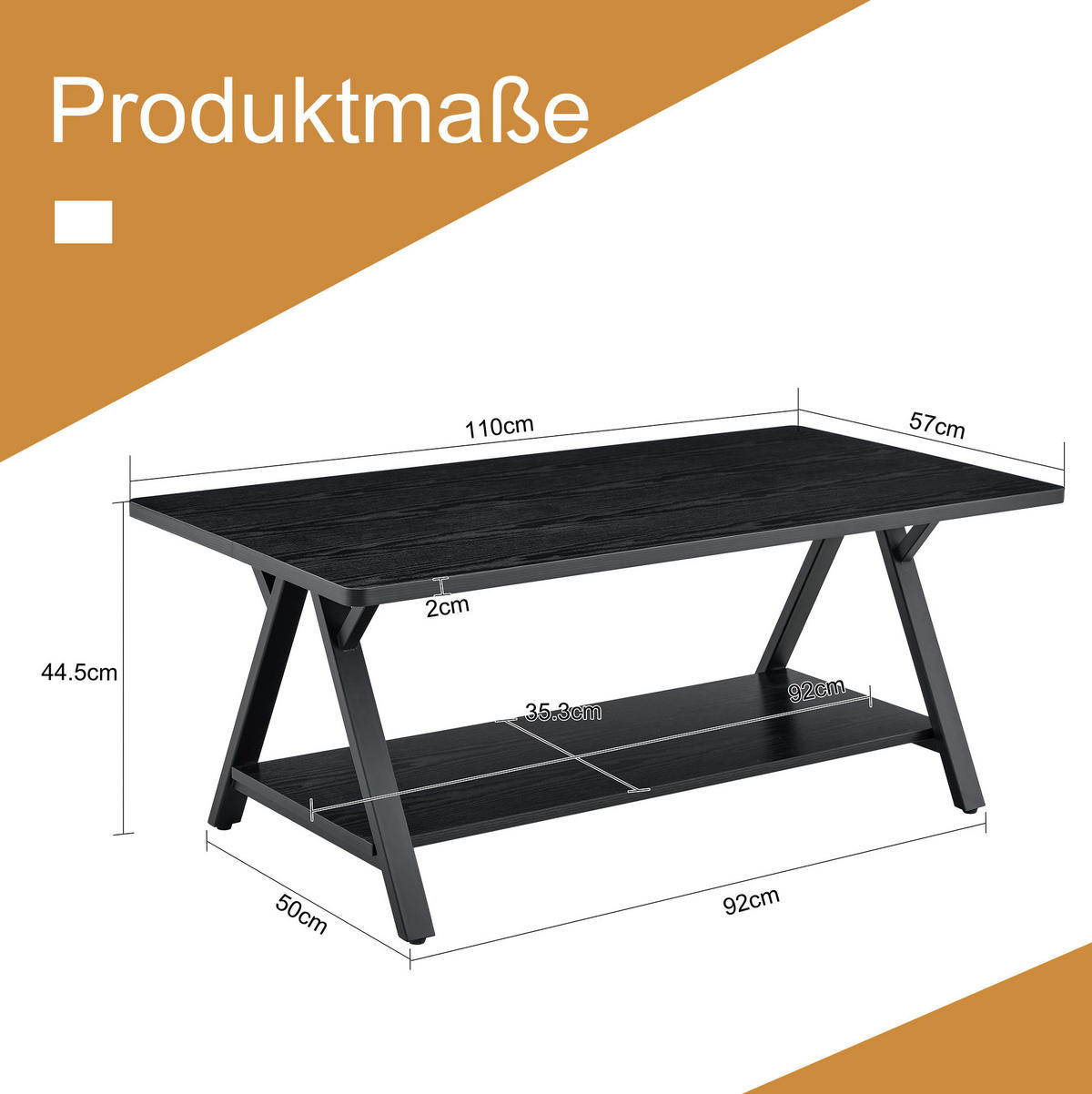 KONFERENČNÍ stolek 110/57/44,5 cm černý z MDF a kovu s úložnou policí - černá, kompozitní dřevo (110/57/44.5cm) - OKWISH