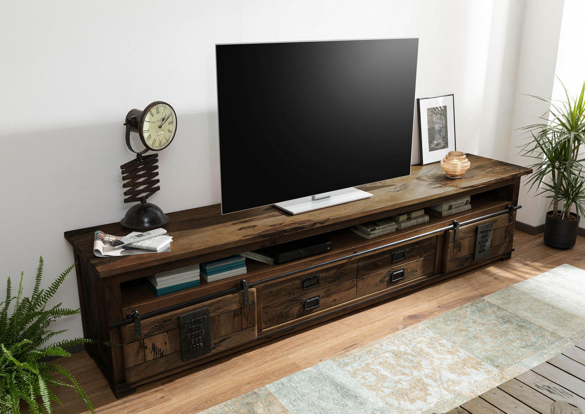 TV-BOARD Mango 260x50x60 braun lackiert RAILWAY #455 - Braun, Holz (260/60/50cm) - Massivmoebel24