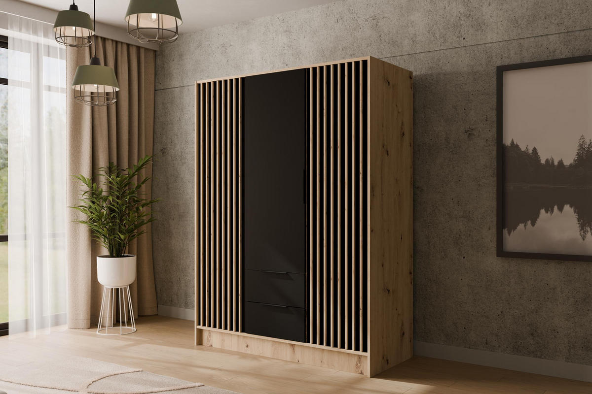 KLEIDERSCHRANK NELIA - 150 cm - Schwarz/Eiche Artisan, Holzwerkstoff (150/200/51cm) - ALTDECOR