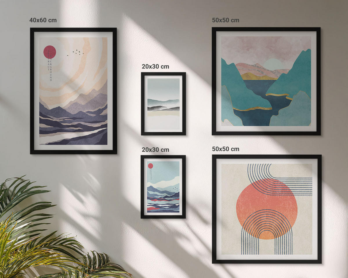 WANDBILDER 5er-Set - 50x50 cm & 20x30 cm & 40x60 cm Schwarzer Rahmen - Farbenfrohe Muster der Japandi-Flussberge - Schwarz, Kunststoff (40/60cm) - ArtPrintCave