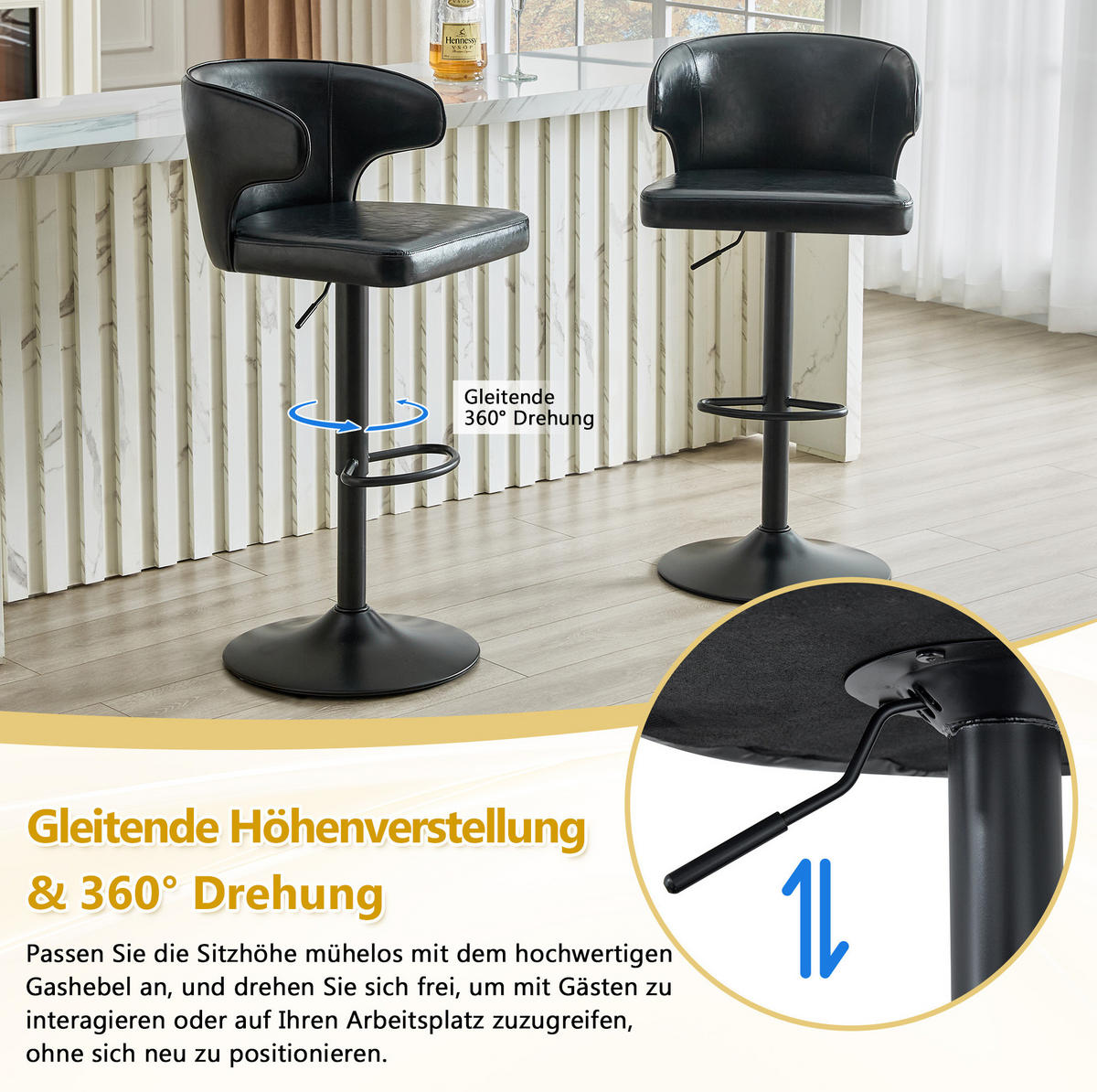 BARHOCKER mit Lehne, höhenverstellbar, 360° drehbar, Schwarz - Schwarz, Kunststoff (45/110/49.7cm) - MIVRAY