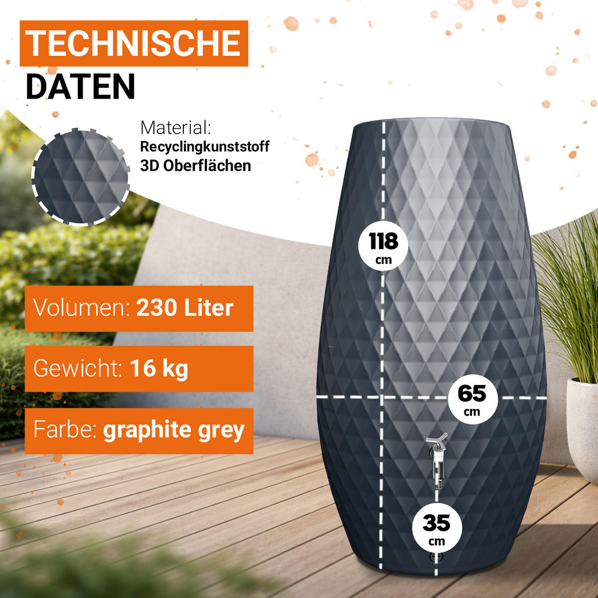 2IN1 Regentonne 230 L, graphite grey mit integrierter Pflanzschale - Grau, Kunststoff (53/118/65cm) - GARANTIA
