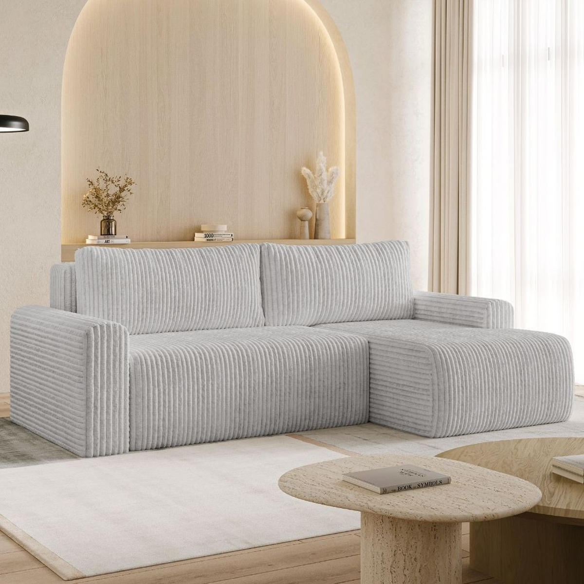 ECKSOFA MILO SMALL mit Schlaffunktion und Bettkasten, Rechts -TILIA 86 - Grau, Holz (240/142cm) - Dekori_Interiors