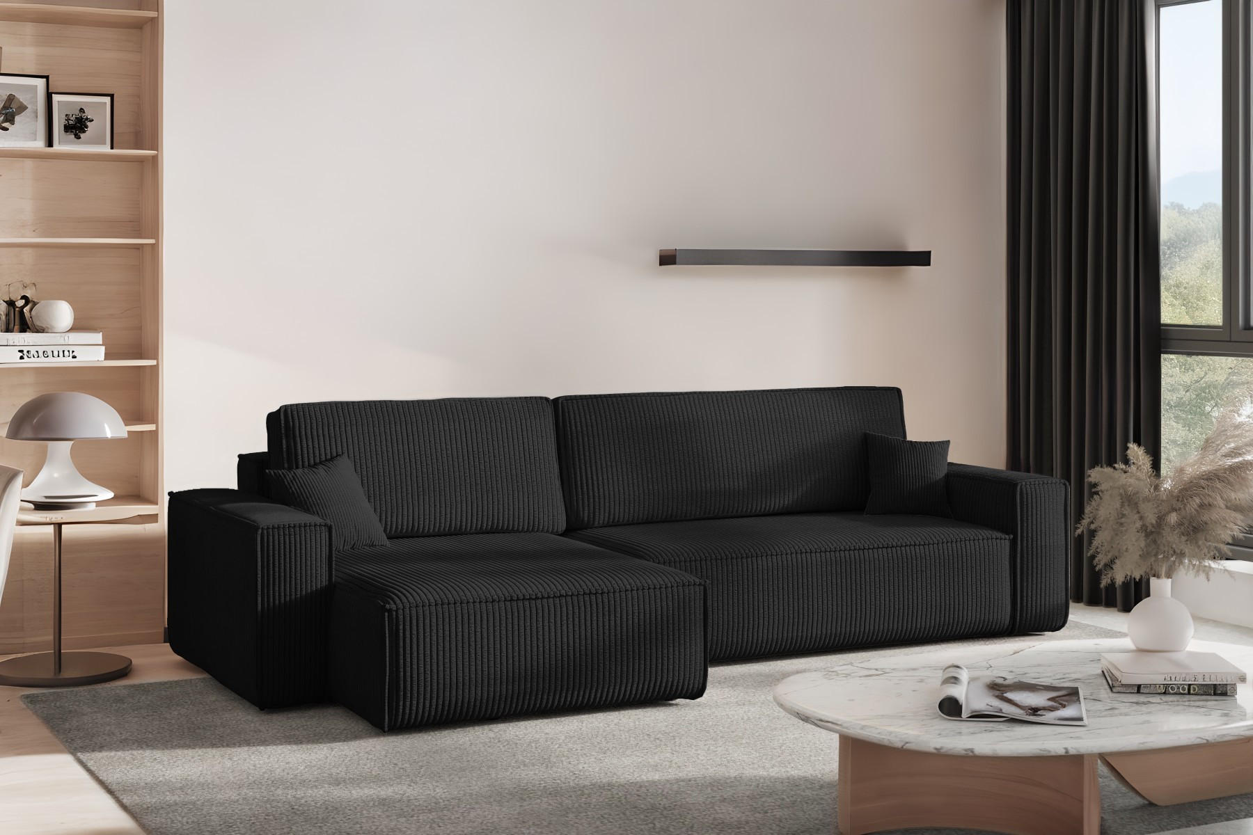 ECKSOFA Mit Schlaffunktion Und Bettkasten, Eckcouch BEST XL Stoff Poso Dicker Cord Schwarz Links - Schwarz, Holz/Kunststoff (142/274cm) - Kaiser Möbel