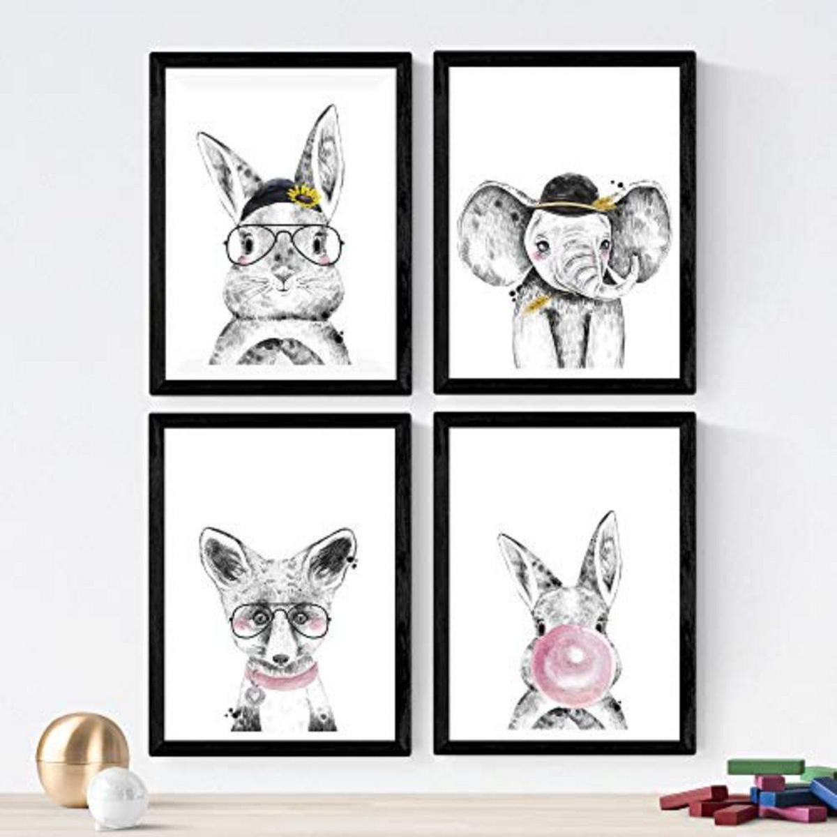 POSTER Set mit 4 Tieren Kindern Süßigkeiten A4 Rahmenlos - Klar, Papier (29.7/3cm) - Nacnic