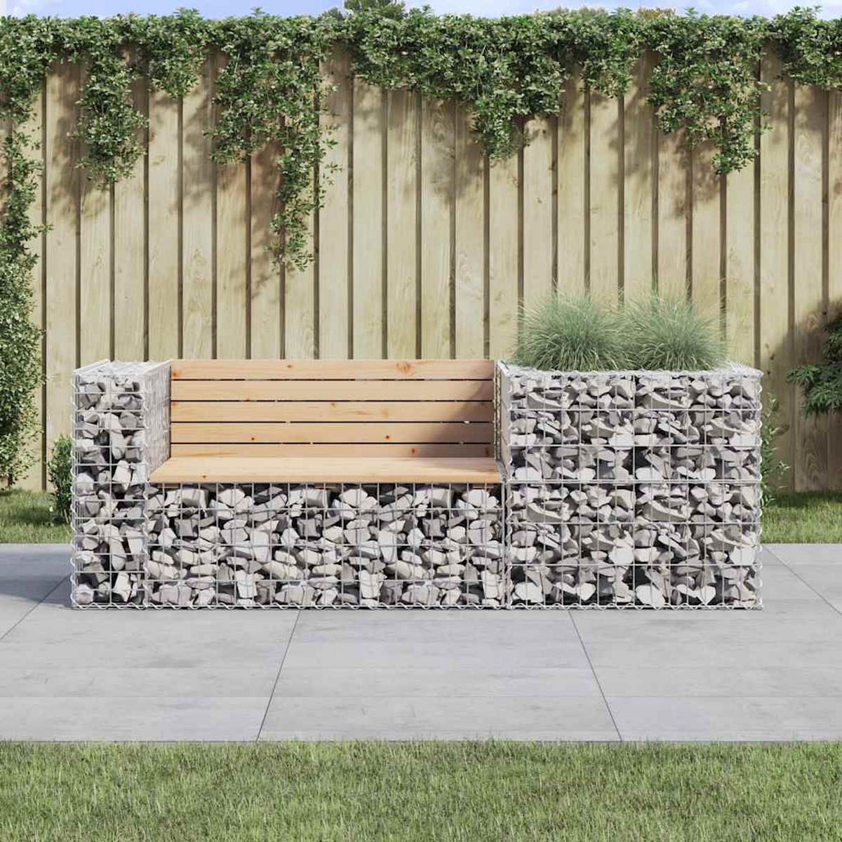 GARTENBANK mit Gabione Massivholz Kiefer - Braun, Holz (192/65.5/71cm) - furnicato