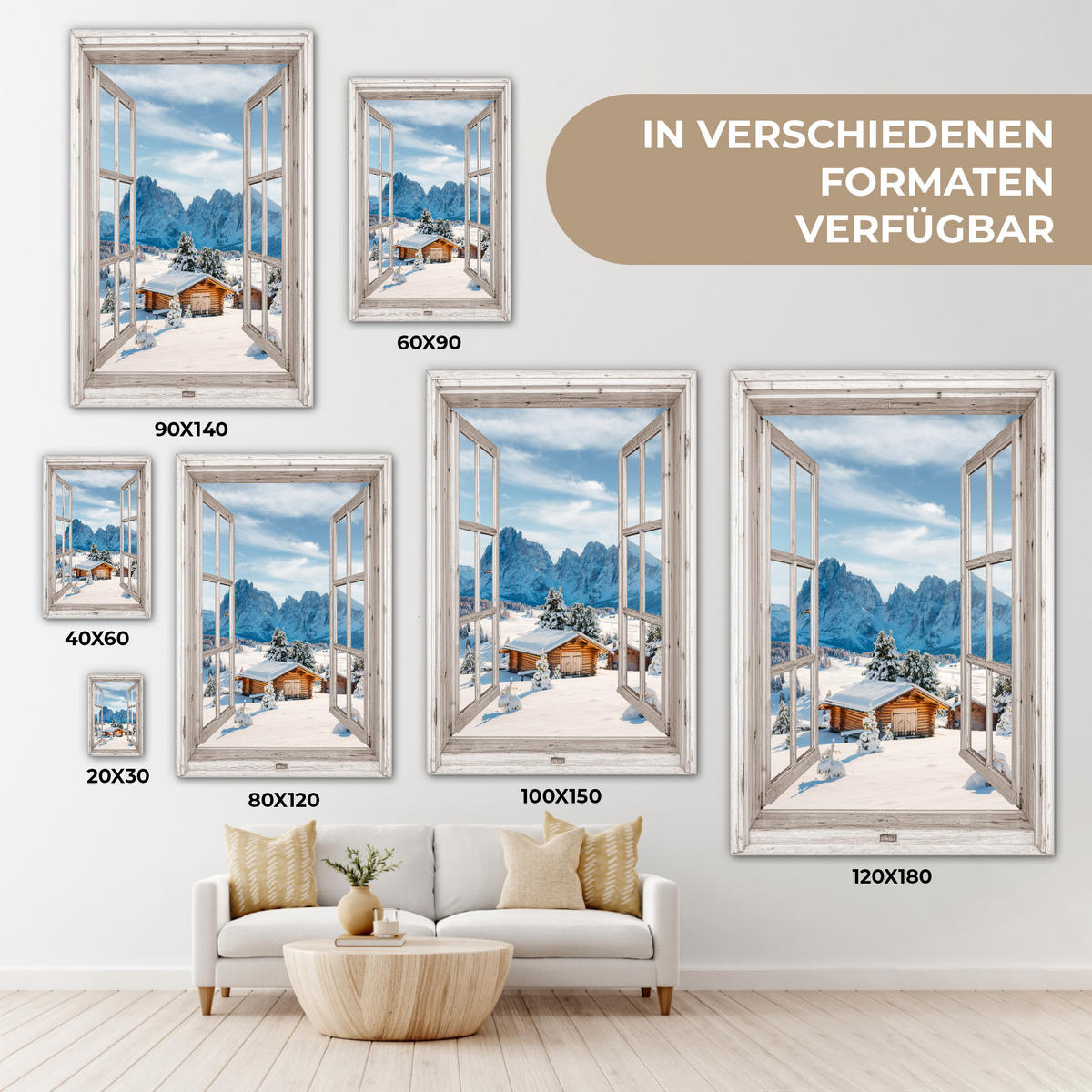 LEINWANDBILD Winterlandschaft - Hütte - Berge - Ausblicke - Aussicht - Natur 80x120 cm - Weiß Hochglanz, Textil (80/120cm) - MuchoWow