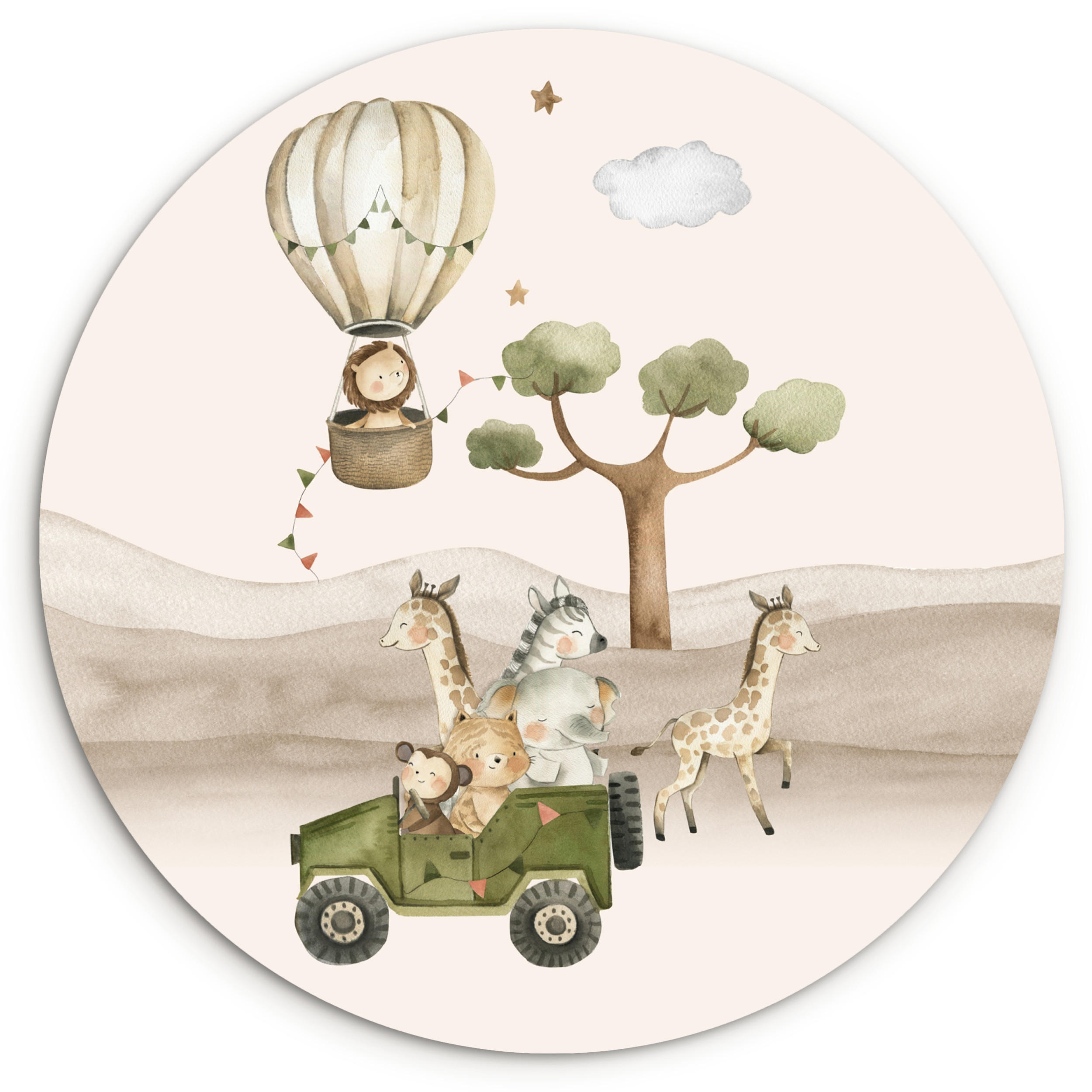 WANDBILD Wilde Tiere - Safari - Aquarell - Heißluftballon 120x120 cm - Beige, Kunststoff (120/120cm) - MuchoWow