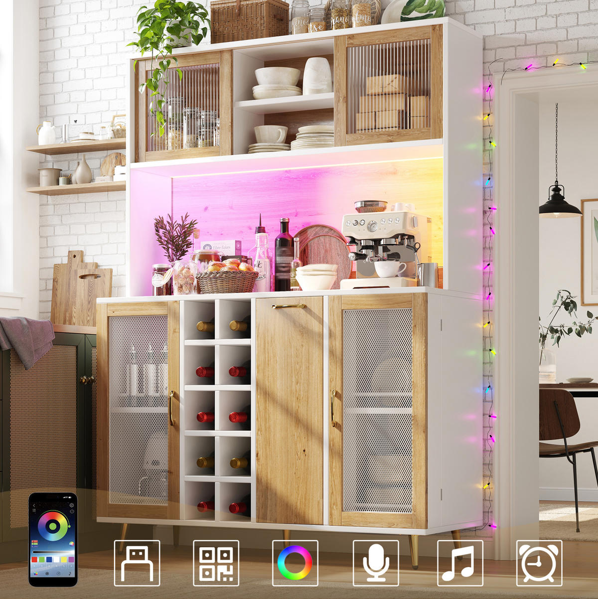 BUFFETSCHRANK 120/40/170 cm mit LED-Beleuchtung, Steckdose, Weinregal und viel Stauraum, Weiß/Holzdekor - Weiß, Holzwerkstoff (120/170/40cm) - Redom
