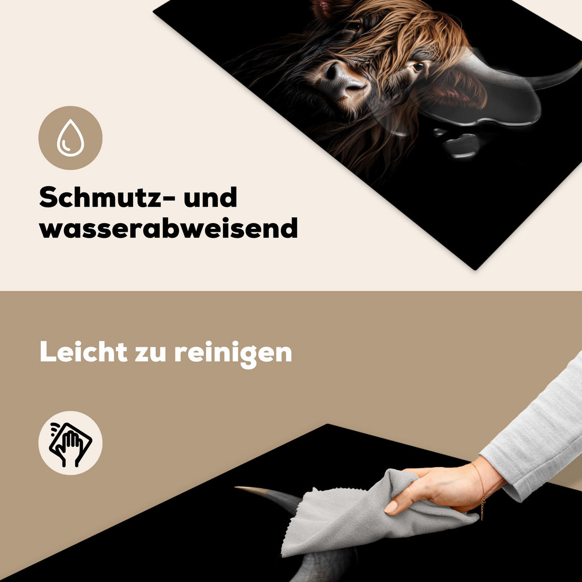 HERDABDECKPLATTE Schottischer Highlander - Porträt - Schwarz - Tier Induktionsschutz 91.2x52 cm - Braun, Kunststoff (91.2/52/0.2cm) - MuchoWow
