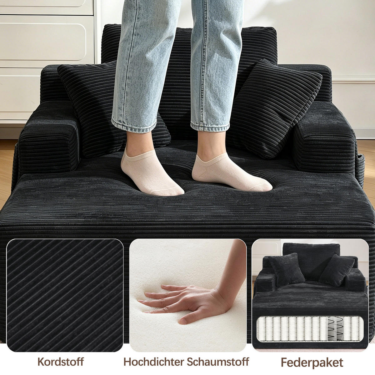 SCHLAFSOFA mit Seitentaschen und Federkernpolsterung aus Cord - Schwarz, Textil (110/150/70cm) - EVRYAE