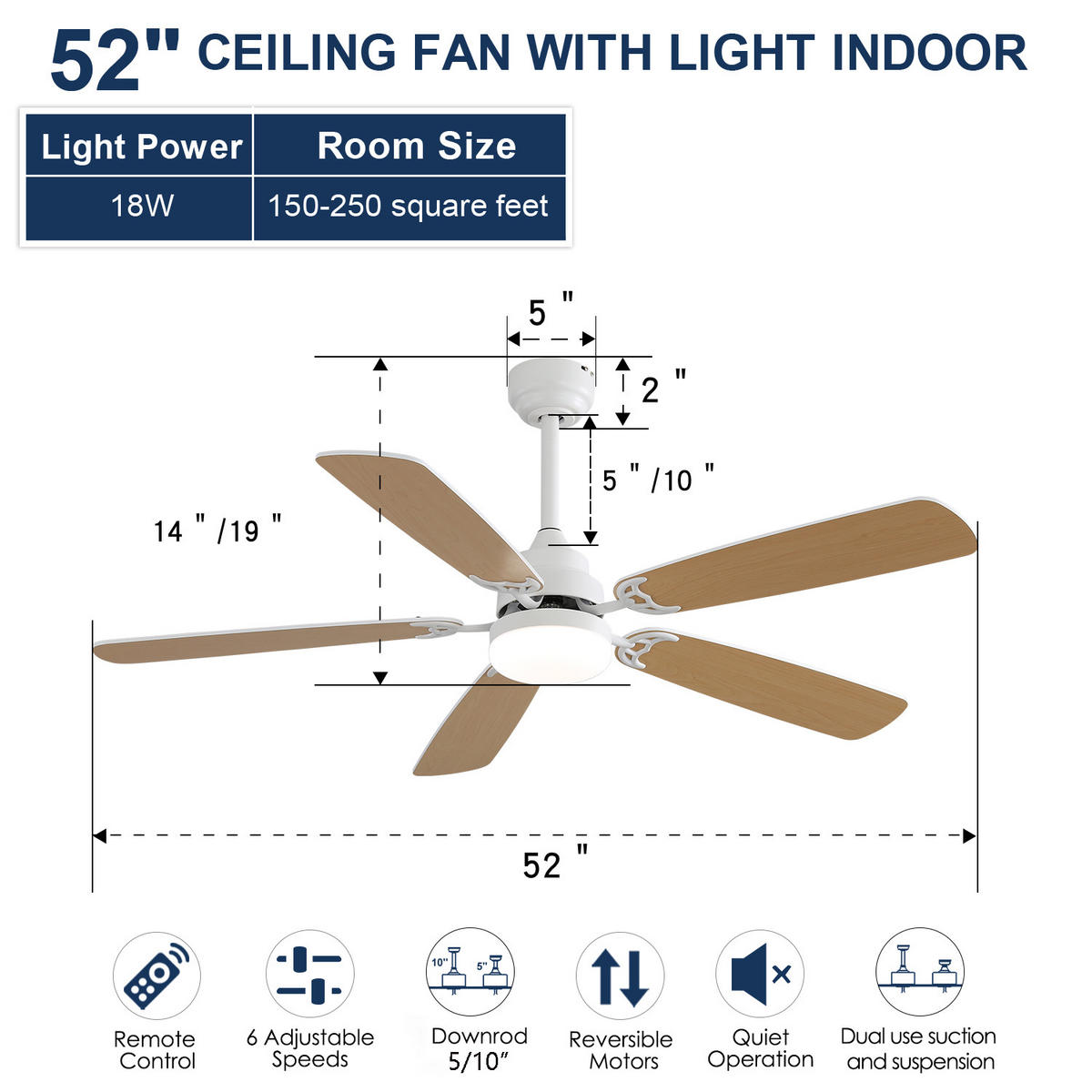 DECKENVENTILATOR 132cm LED Licht 18W Memory Funktion DC Motor - Weiß, Kunststoff (132/132/49cm) - CASIVA