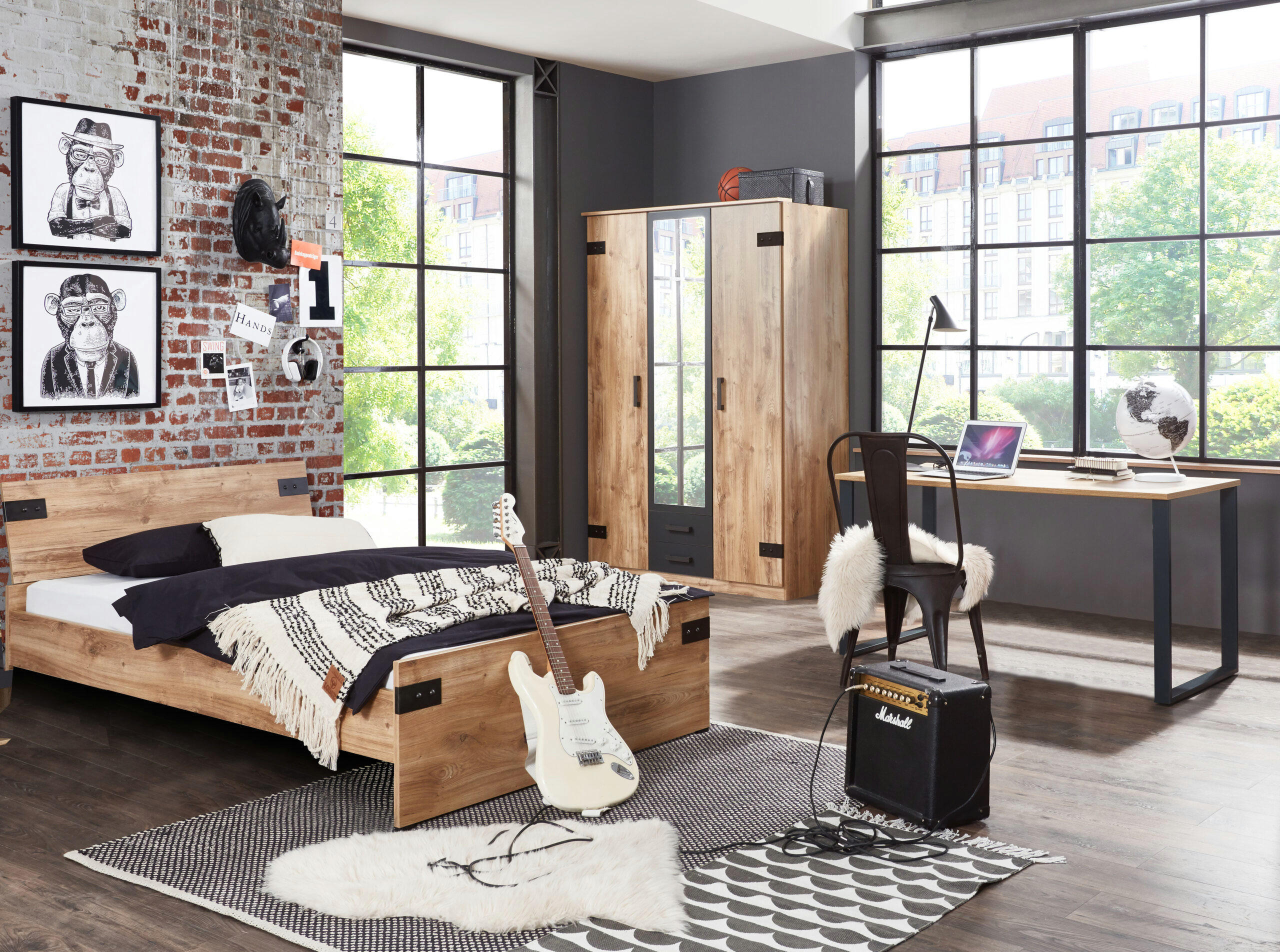 JUGENDZIMMER Liverpool in Plankeneiche und Graphit 3 teilig mit 120er Bett und Drehtürenschrank - Braun, Holzwerkstoff (120/200/80cm)