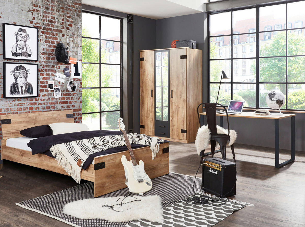 JUGENDZIMMER Liverpool in Plankeneiche und Graphit 3 teilig mit 120er Bett und Drehtürenschrank - Braun, Holzwerkstoff (120/200/80cm)