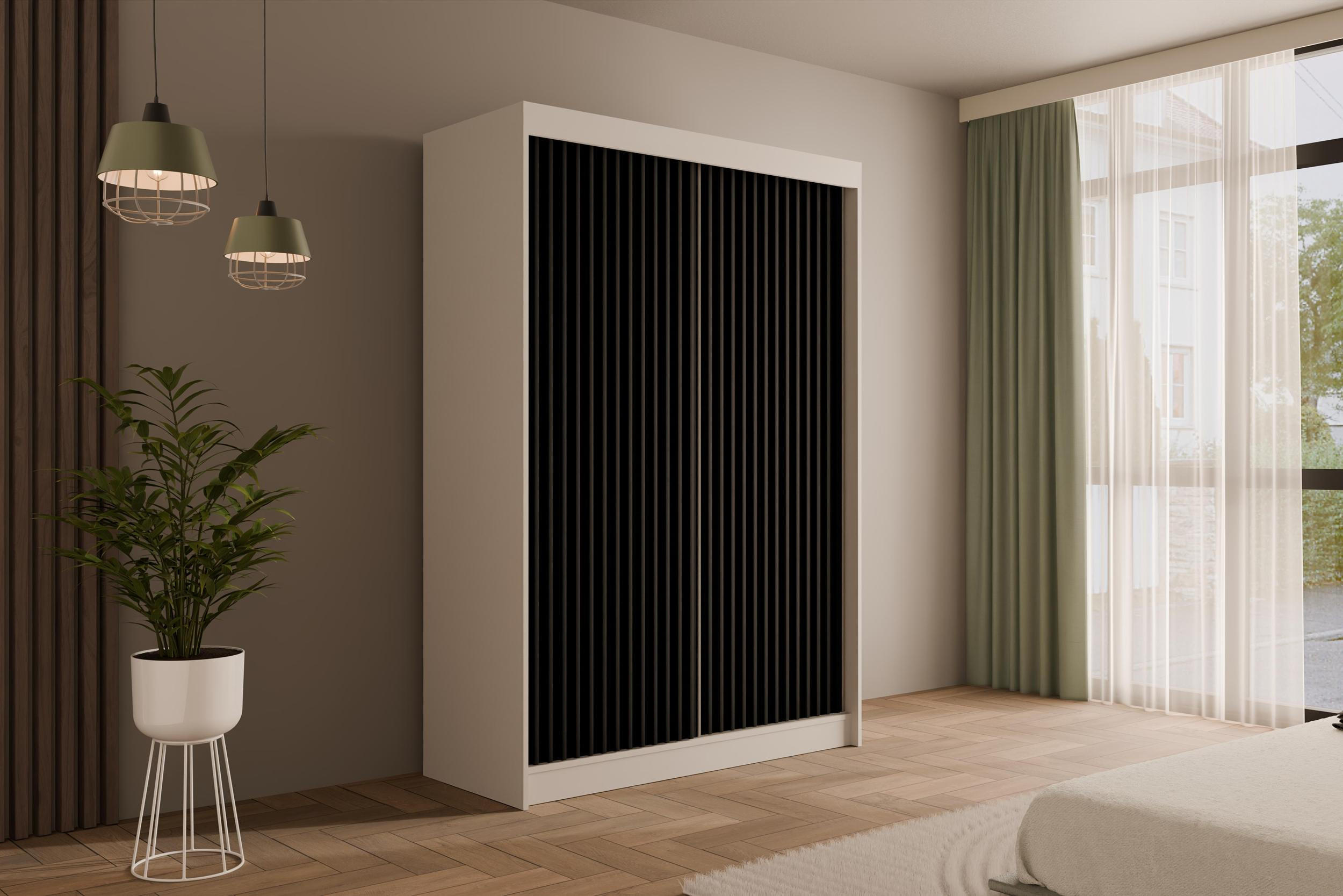 KLEIDERSCHRANK mit Lamel-Schiebetüren VILANv2 - 150 cm Weiß + Lamelle schwarz - Schwarz/Weiß, Holzwerkstoff (150/215/61cm) - ALTDECOR