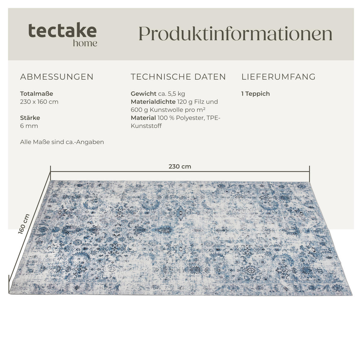 TEPPICH Vintage Design Amara,rutschfeste Unterseite,blau - Blau, Kunststoff (160/230cm) - tectake