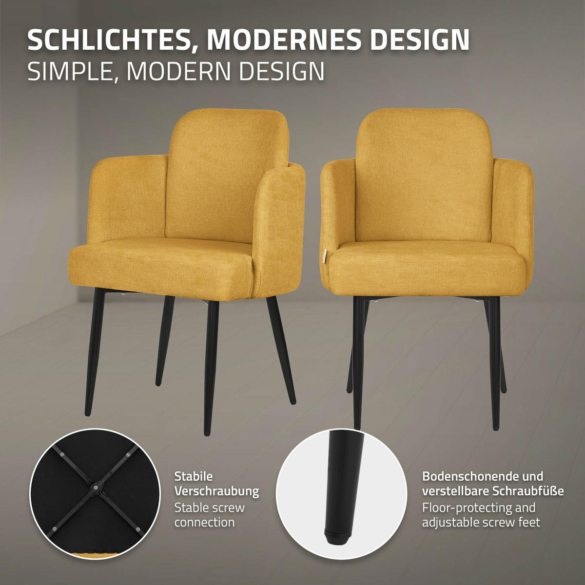 ESSZIMMERSTÜHLE 2er Set Senf mit Stoffbezug Rattan Optik - Gelb/Schwarz, Textil/Metall (59/86/59cm) - ML-DESIGN