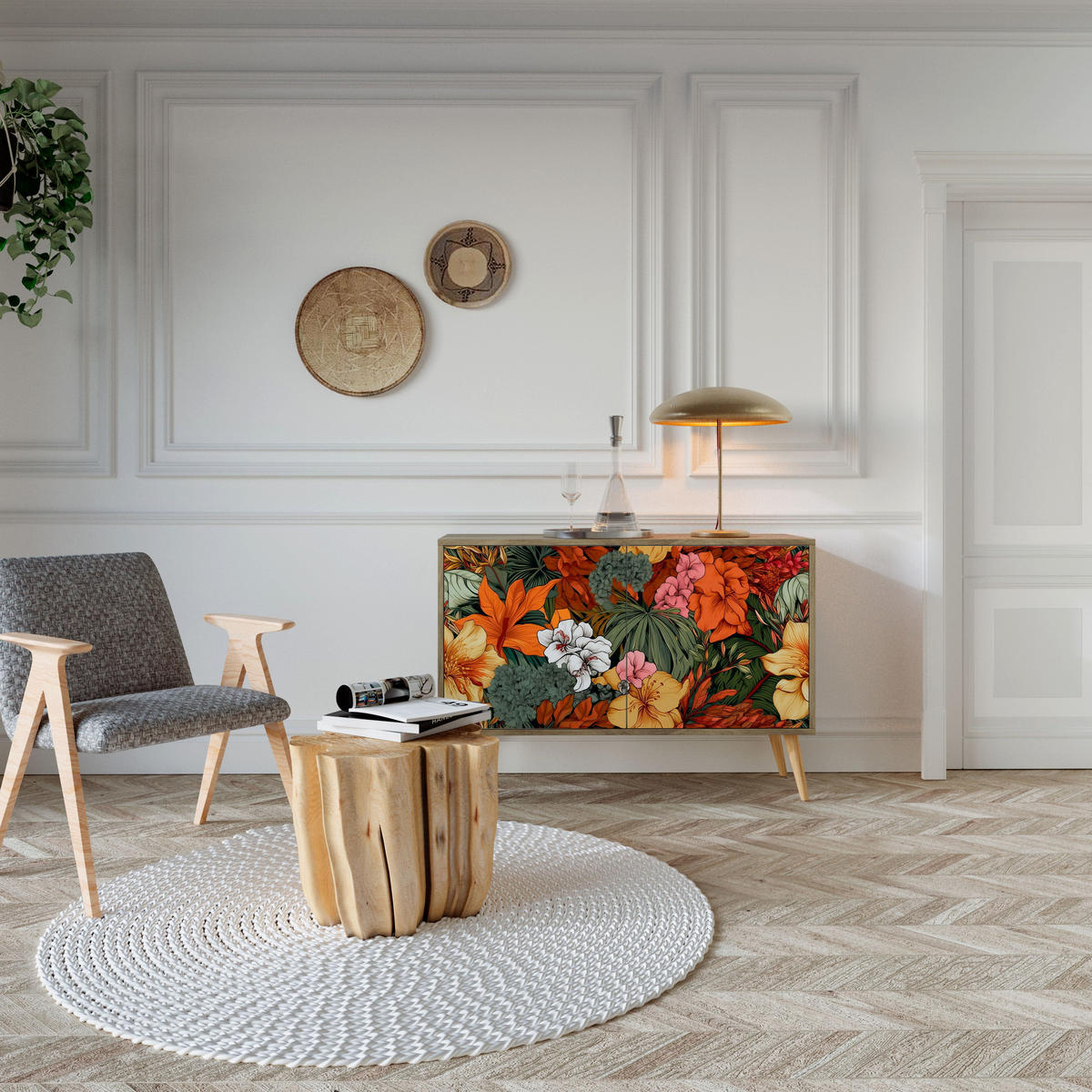 SIDEBOARD RADIANT FLORA, Eicheneffekt, 111x42x77,5 cm, 2 Türen - Eichefarben/Buchefarben, Holzwerkstoff/Buchenholz (111/77.5/42cm) - SpaceRebels